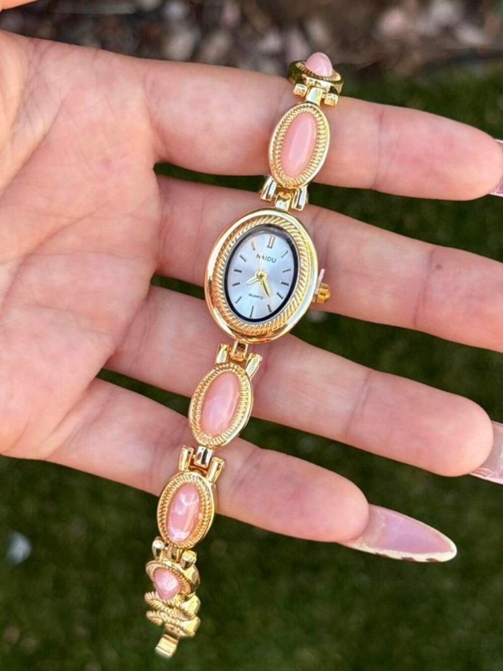 Gold Pink Stone Blue Dial Bracelet Watch Y2K Dainty Coquette OS